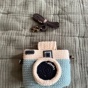 Crocheted Camera Crossbody Bag in Light Blue and Cream from Etsy